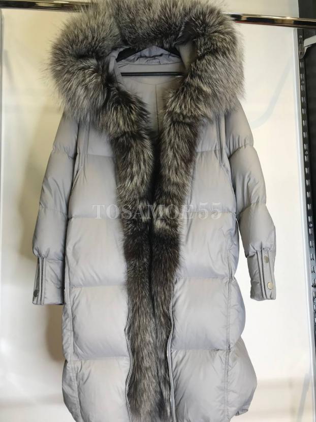 Длинный серый пуховик с чернобуркой фото №1