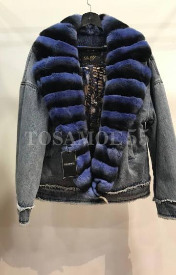 Короткая джинсовая парка с мехом кролика рекс